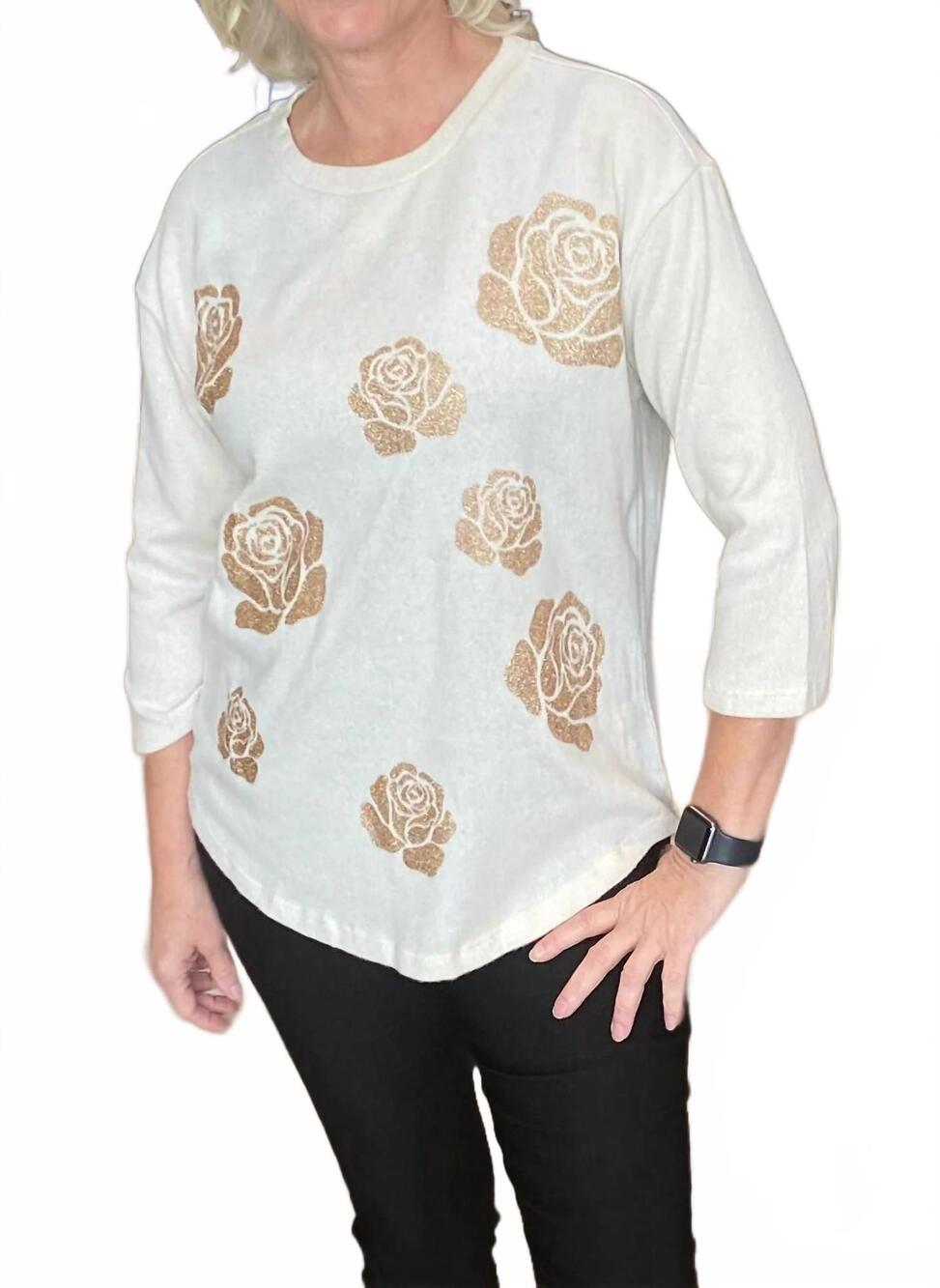 NEW EMILY DANIELS women's glitter roses crew neck top in glitter roses